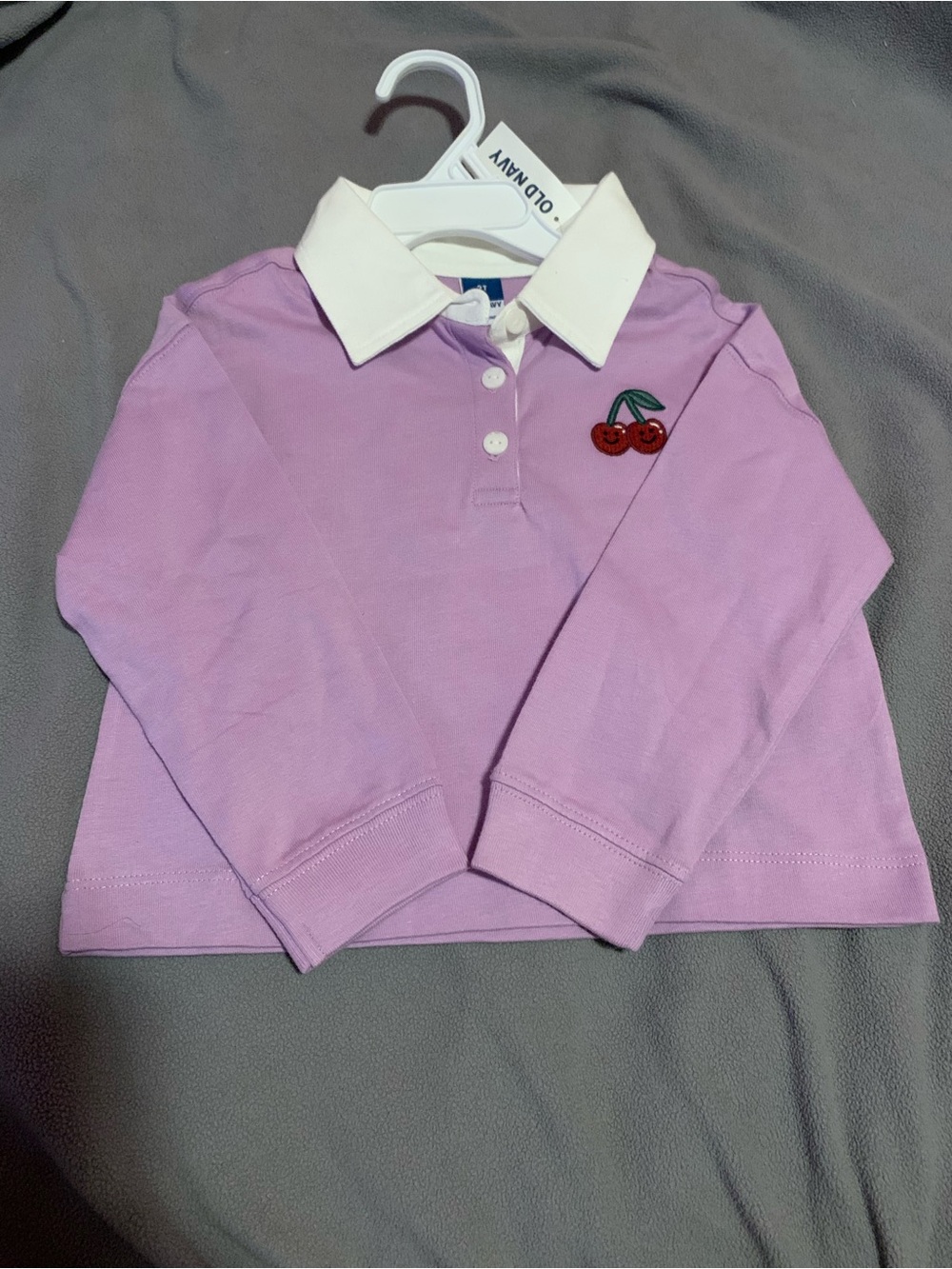 Kids Long-Sleeve Polo Top with Cherry Embroidery - Lilac